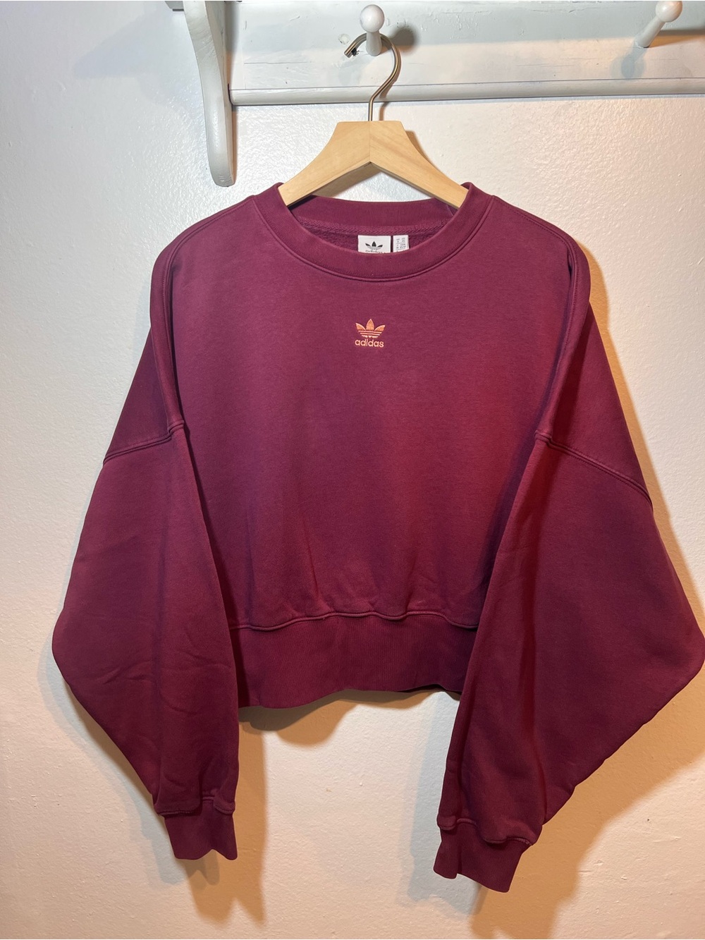 Adidas Originals Trefoil Cropped Fleece Sweatshirt Berry Plum Oversized Size XS